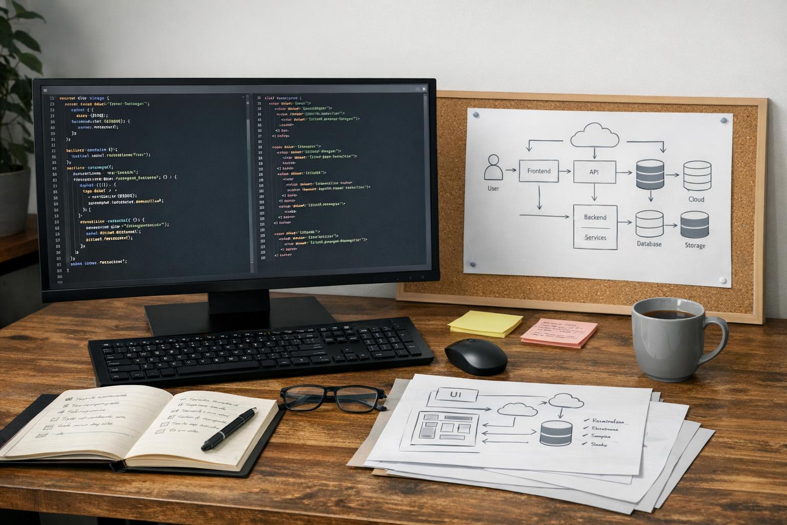 Zdjęcie: kod strony na monitorze, diagram architektury i notatki